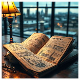 An enchanting scene of a vintage book titled 'London' lying open on a wooden table