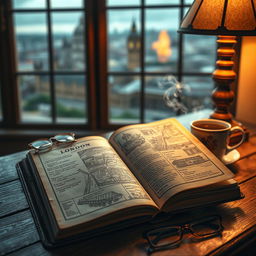 An enchanting scene of a vintage book titled 'London' lying open on a wooden table