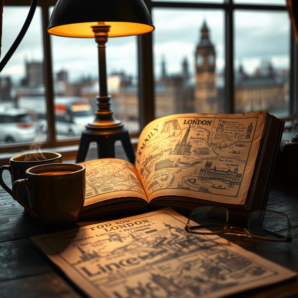 An enchanting scene of a vintage book titled 'London' lying open on a wooden table