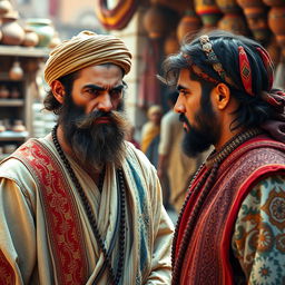 A bearded Muslim man dressed in ancient, traditional clothing, displaying anger towards his brother