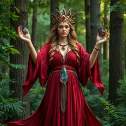 Gaia, the Goddess of Earth, exudes a powerful presence in a deep red colored dress with flowing sleeves, signifying strength and vitality