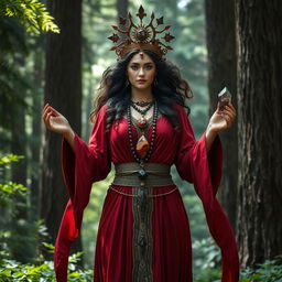 Gaia, the Goddess of Earth, exudes a powerful presence in a deep red colored dress with flowing sleeves, signifying strength and vitality