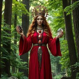 Gaia, the Goddess of Earth, exudes a powerful presence in a deep red colored dress with flowing sleeves, signifying strength and vitality