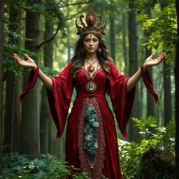 Gaia, the Goddess of Earth, exudes a powerful presence in a deep red colored dress with flowing sleeves, signifying strength and vitality