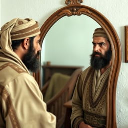 A bearded Muslim man with a look of frustration and anger stands before a mirror