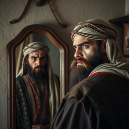 A bearded Muslim man with a look of frustration and anger stands before a mirror