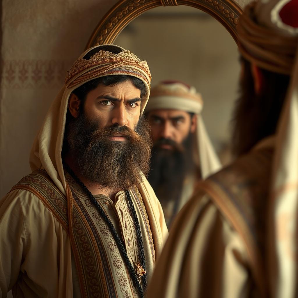 A bearded Muslim man with a look of frustration and anger stands before a mirror