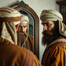 A bearded Muslim man with a look of frustration and anger stands before a mirror