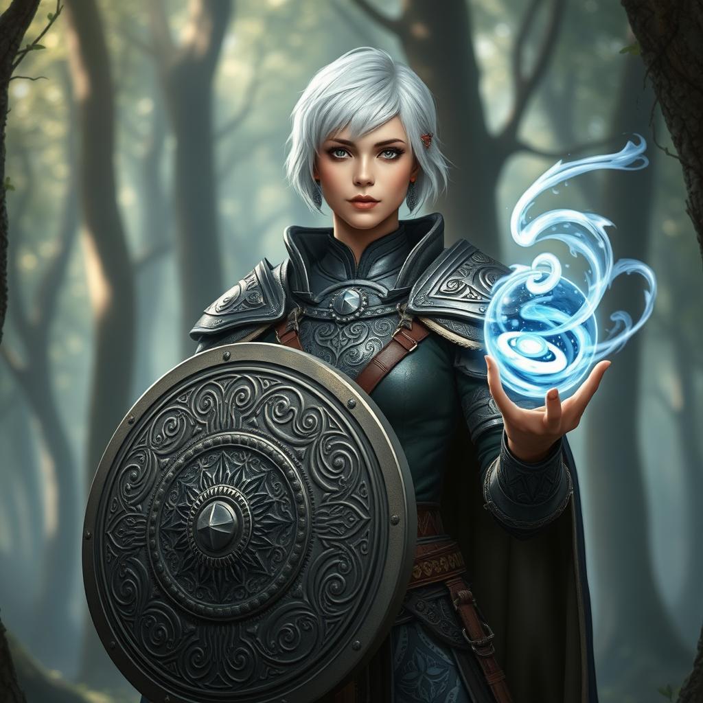 A cleric with short white hair standing confidently