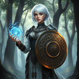 A cleric with short white hair standing confidently