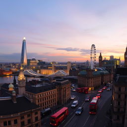 A panoramic view of London's iconic skyline at dusk, showcasing the shimmering lights and architectural marvels like the Shard, the Gherkin, and the London Eye