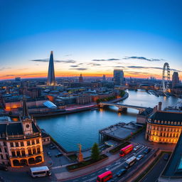 A panoramic view of London's iconic skyline at dusk, showcasing the shimmering lights and architectural marvels like the Shard, the Gherkin, and the London Eye