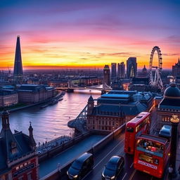 A panoramic view of London's iconic skyline at dusk, showcasing the shimmering lights and architectural marvels like the Shard, the Gherkin, and the London Eye