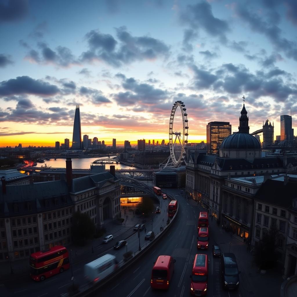 A panoramic view of London's iconic skyline at dusk, showcasing the shimmering lights and architectural marvels like the Shard, the Gherkin, and the London Eye