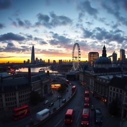 A panoramic view of London's iconic skyline at dusk, showcasing the shimmering lights and architectural marvels like the Shard, the Gherkin, and the London Eye