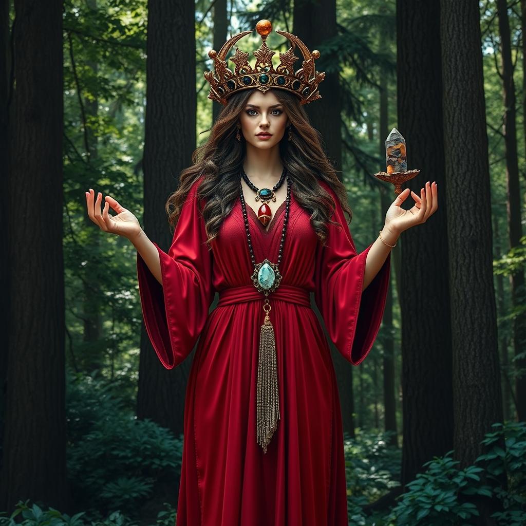 Gaia, the Goddess of Earth, exudes a powerful presence in a deep red-colored dress with flowing sleeves, signifying strength and vitality