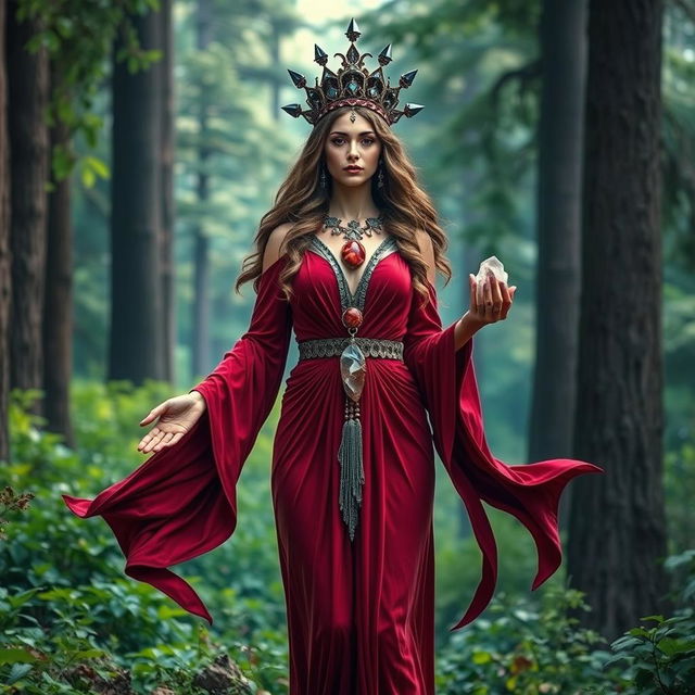 Gaia, the Goddess of Earth, exudes a powerful presence in a deep red-colored dress with flowing sleeves, signifying strength and vitality