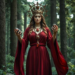 Gaia, the Goddess of Earth, exudes a powerful presence in a deep red-colored dress with flowing sleeves, signifying strength and vitality