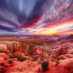 Generate an image of a breathtaking landscape considered the most amazing place on earth, with vibrant colors, diverse flora, stunning geographical features and a breathtaking sunset.