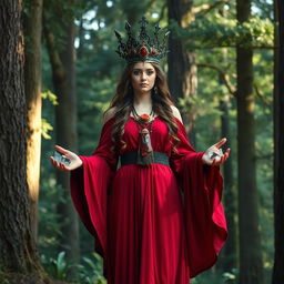 Gaia, the Goddess of Earth, exudes a powerful presence in a deep red-colored dress with flowing sleeves, signifying strength and vitality