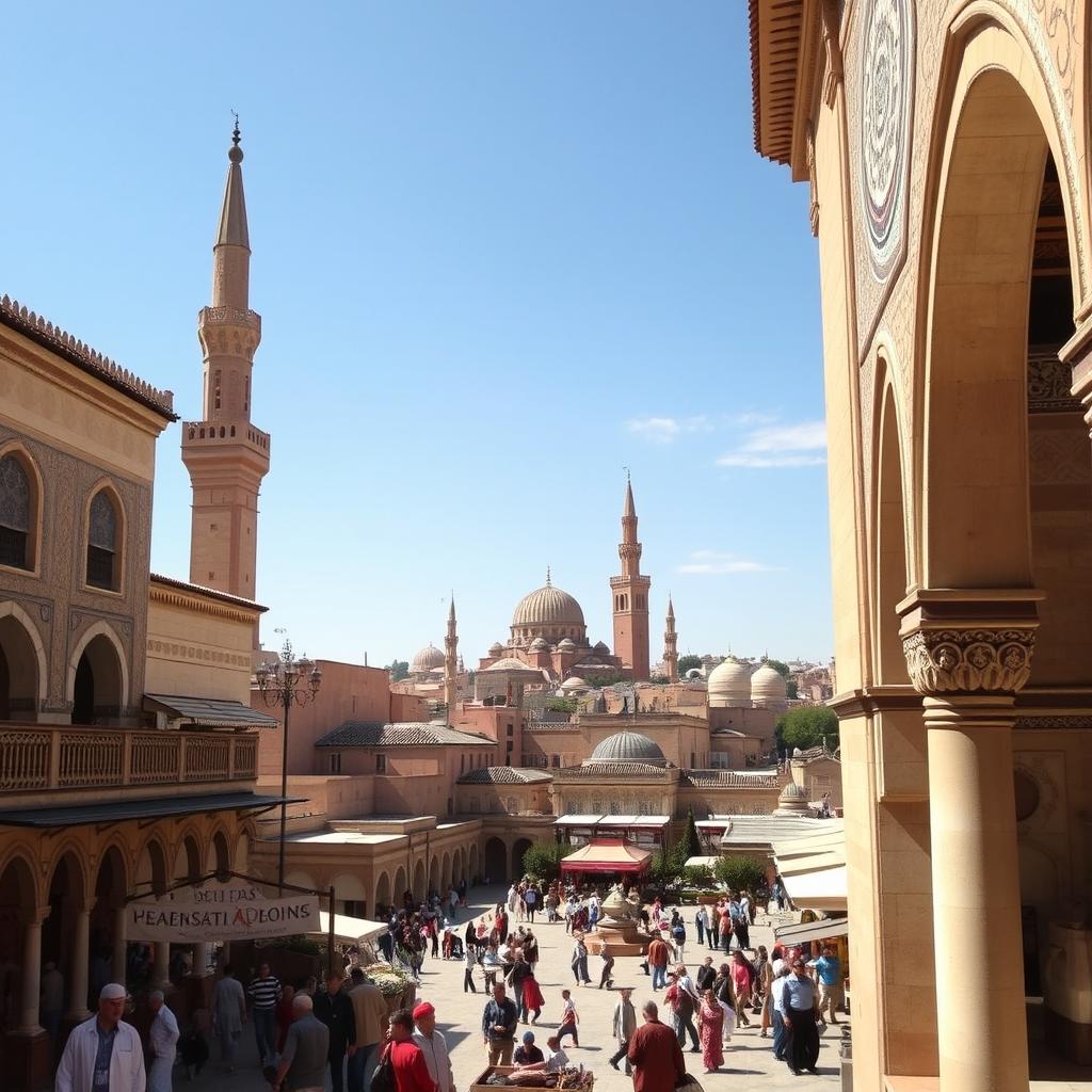 A bustling and vibrant Andalusian city during the Muslim era, featuring intricate Islamic architecture with ornate arches and detailed tile work