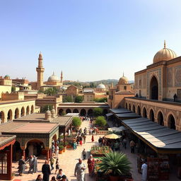 A bustling and vibrant Andalusian city during the Muslim era, featuring intricate Islamic architecture with ornate arches and detailed tile work