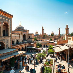 A bustling and vibrant Andalusian city during the Muslim era, featuring intricate Islamic architecture with ornate arches and detailed tile work