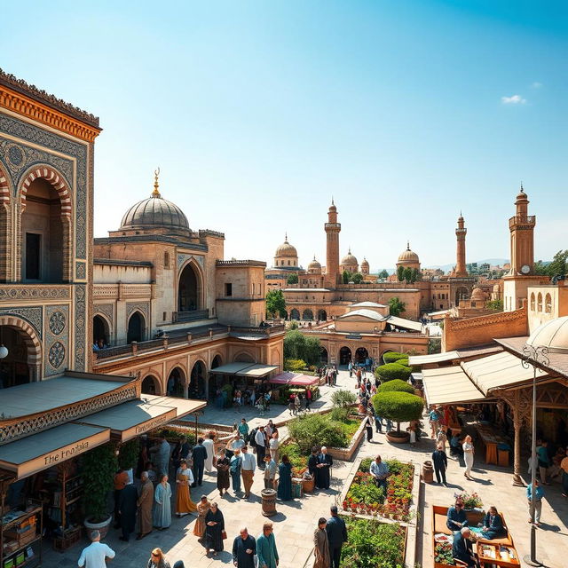 A bustling and vibrant Andalusian city during the Muslim era, featuring intricate Islamic architecture with ornate arches and detailed tile work