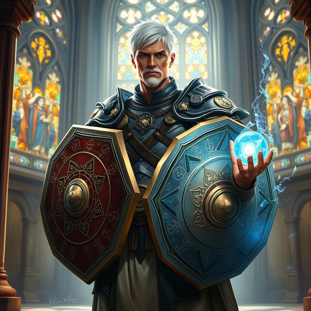 A human male cleric with short white hair, exuding an aura of divine authority, stands resolute