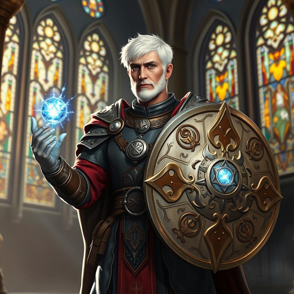 A human male cleric with short white hair, exuding an aura of divine authority, stands resolute