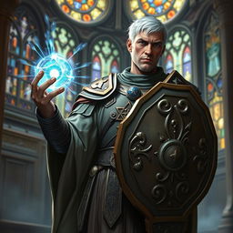 A human male cleric with short white hair, exuding an aura of divine authority, stands resolute