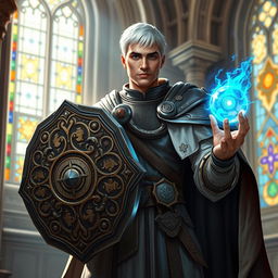 A human male cleric with short white hair, exuding an aura of divine authority, stands resolute