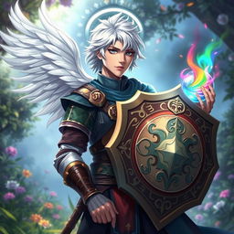 A human male character with an intriguing blend of cleric and warlock attributes, his short white hair flowing like a divine halo