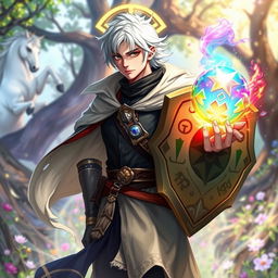 A human male character with an intriguing blend of cleric and warlock attributes, his short white hair flowing like a divine halo