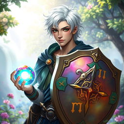 A human male character with an intriguing blend of cleric and warlock attributes, his short white hair flowing like a divine halo