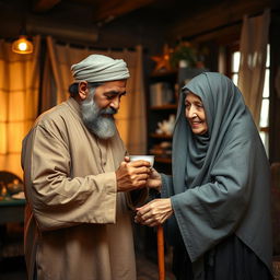 A bearded Muslim man, dressed in old-fashioned clothing, attentively serves and assists his elderly mother