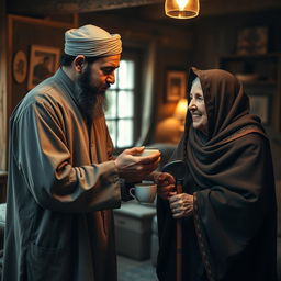 A bearded Muslim man, dressed in old-fashioned clothing, attentively serves and assists his elderly mother