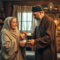 A bearded Muslim man, dressed in old-fashioned clothing, attentively serves and assists his elderly mother