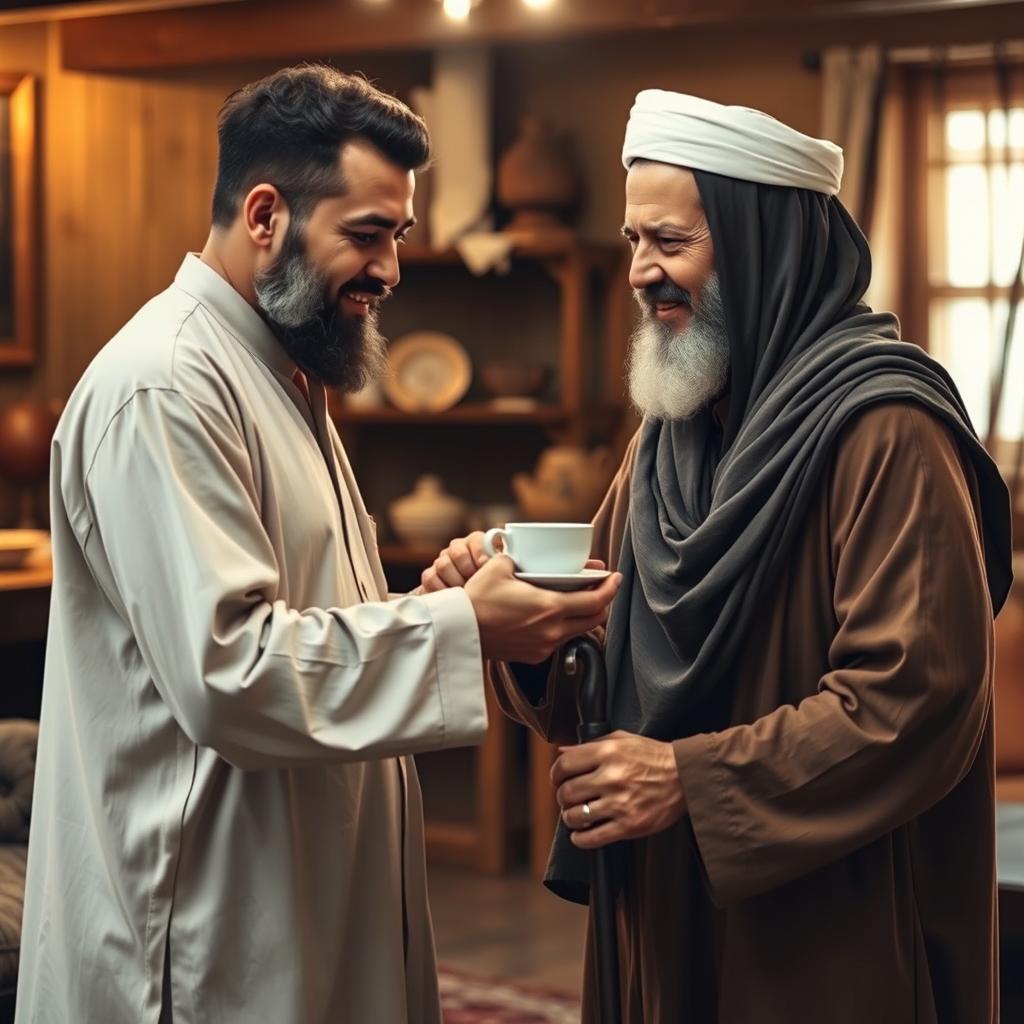 A bearded Muslim man, dressed in old-fashioned clothing, attentively serves and assists his elderly mother