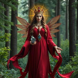 The Goddess of Earth, radiates majesty in a deep red colored dress with flowing sleeves, representing the strength and depth of the natural world