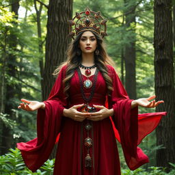 The Goddess of Earth, radiates majesty in a deep red colored dress with flowing sleeves, representing the strength and depth of the natural world