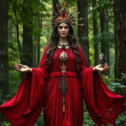 The Goddess of Earth, radiates majesty in a deep red colored dress with flowing sleeves, representing the strength and depth of the natural world