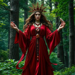 The Goddess of Earth, radiates majesty in a deep red colored dress with flowing sleeves, representing the strength and depth of the natural world