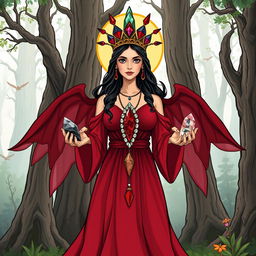 The Goddess of Earth, portrayed in a stylized illustration, wears a deep red colored dress with ethereal, flowing sleeves, representing her connection to nature