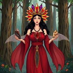 The Goddess of Earth, portrayed in a stylized illustration, wears a deep red colored dress with ethereal, flowing sleeves, representing her connection to nature