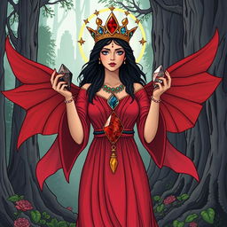 The Goddess of Earth, portrayed in a stylized illustration, wears a deep red colored dress with ethereal, flowing sleeves, representing her connection to nature