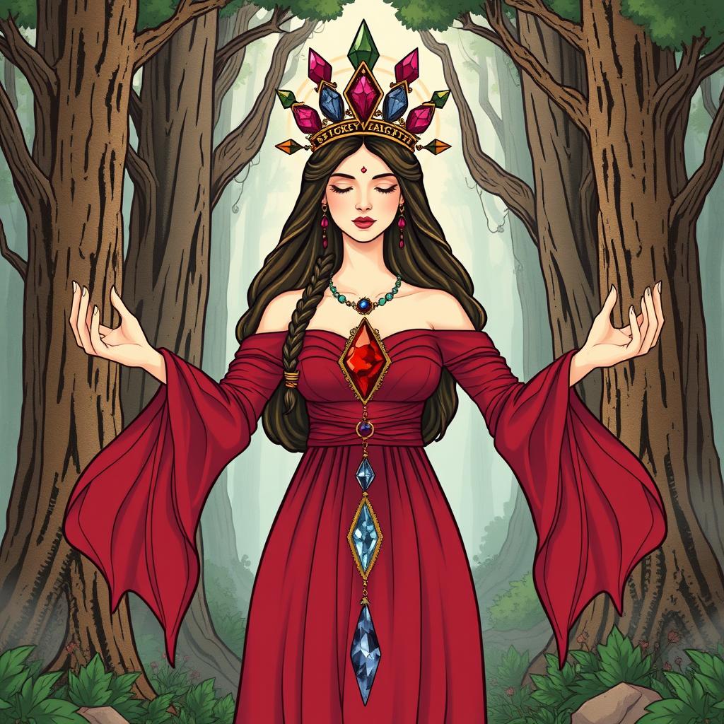 The Goddess of Earth, portrayed in a stylized illustration, wears a deep red colored dress with ethereal, flowing sleeves, representing her connection to nature