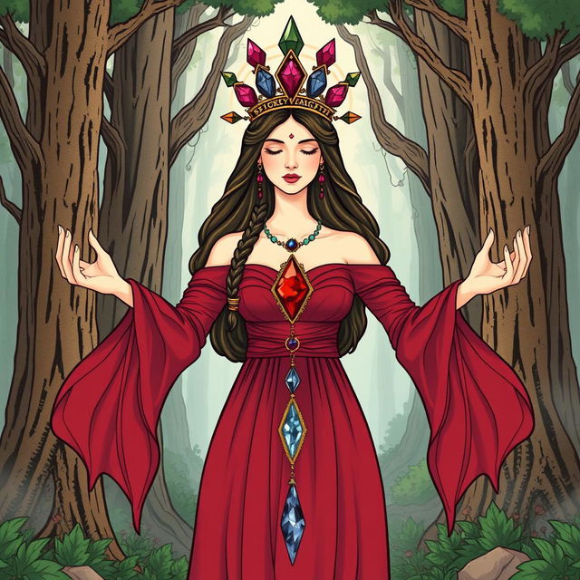 The Goddess of Earth, portrayed in a stylized illustration, wears a deep red colored dress with ethereal, flowing sleeves, representing her connection to nature