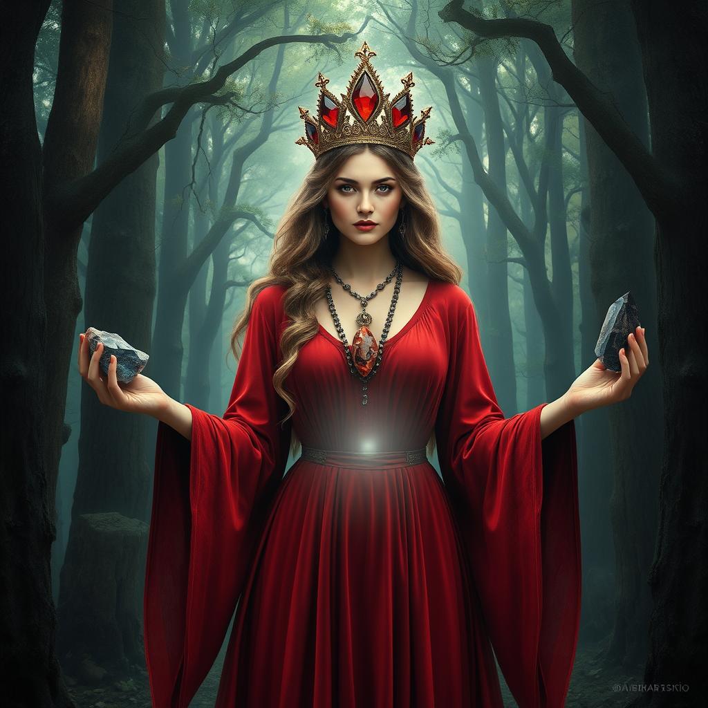 The Goddess of Earth, is portrayed in a dreamlike, mystical style, wearing a deep red colored dress with gracefully flowing sleeves, reflecting the essence of nature's strength and beauty