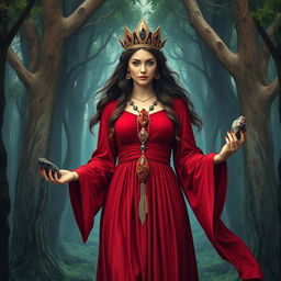 The Goddess of Earth, is portrayed in a dreamlike, mystical style, wearing a deep red colored dress with gracefully flowing sleeves, reflecting the essence of nature's strength and beauty